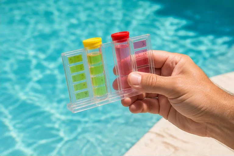 Illustrative water testing kit held beside clear pool water