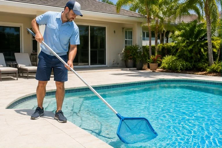 Illustrative pool technician skimming a sunny residential pool