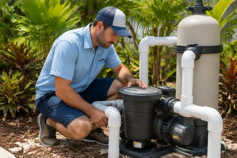 Illustrative technician inspecting a residential pool pump and filter