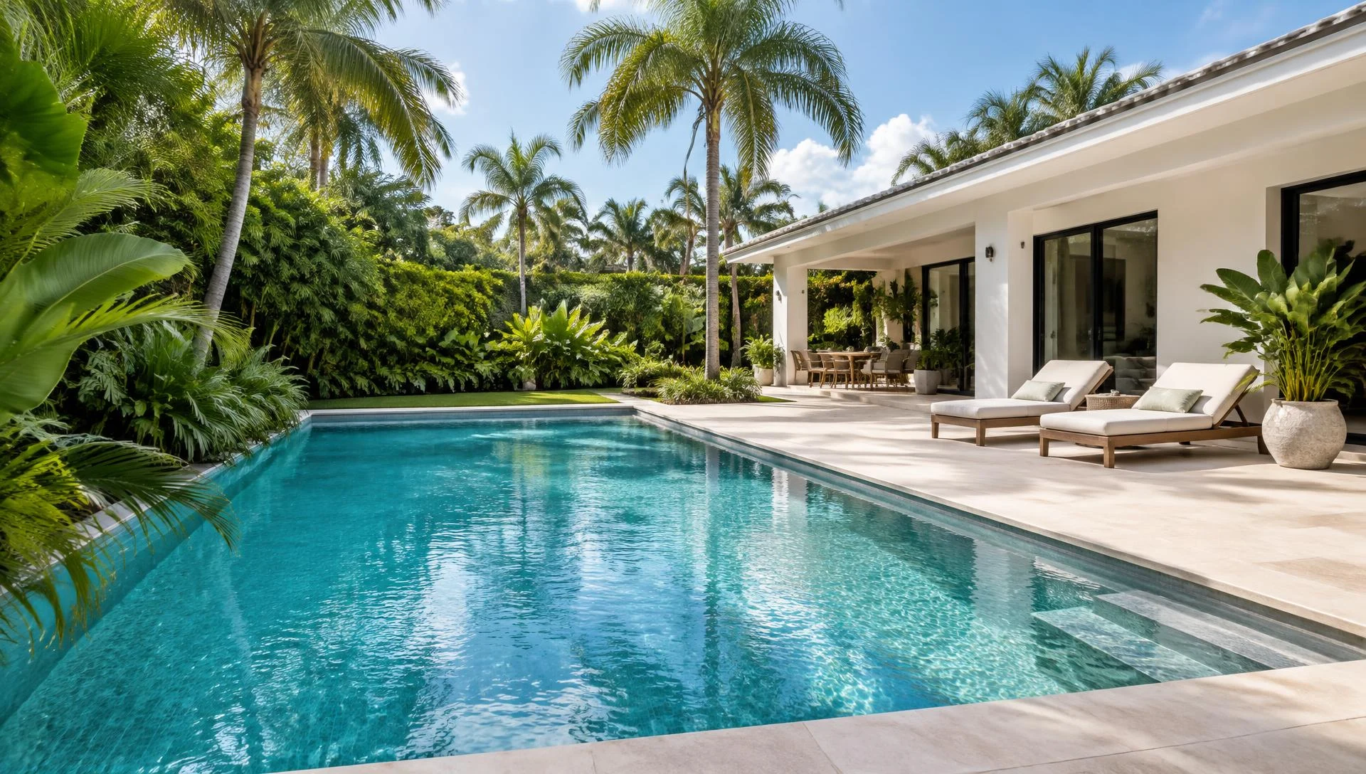 Illustrative sunny South Florida backyard with a crystal-clear pool, palm trees, and a contemporary home