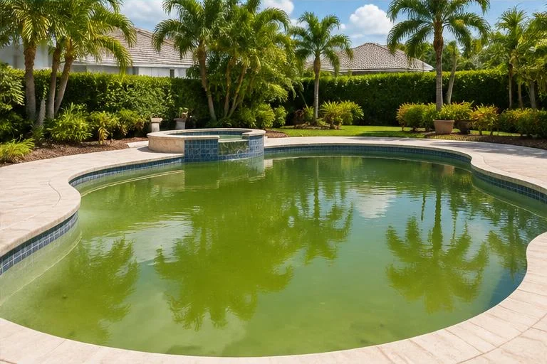 Illustrative green-water backyard pool needing recovery service